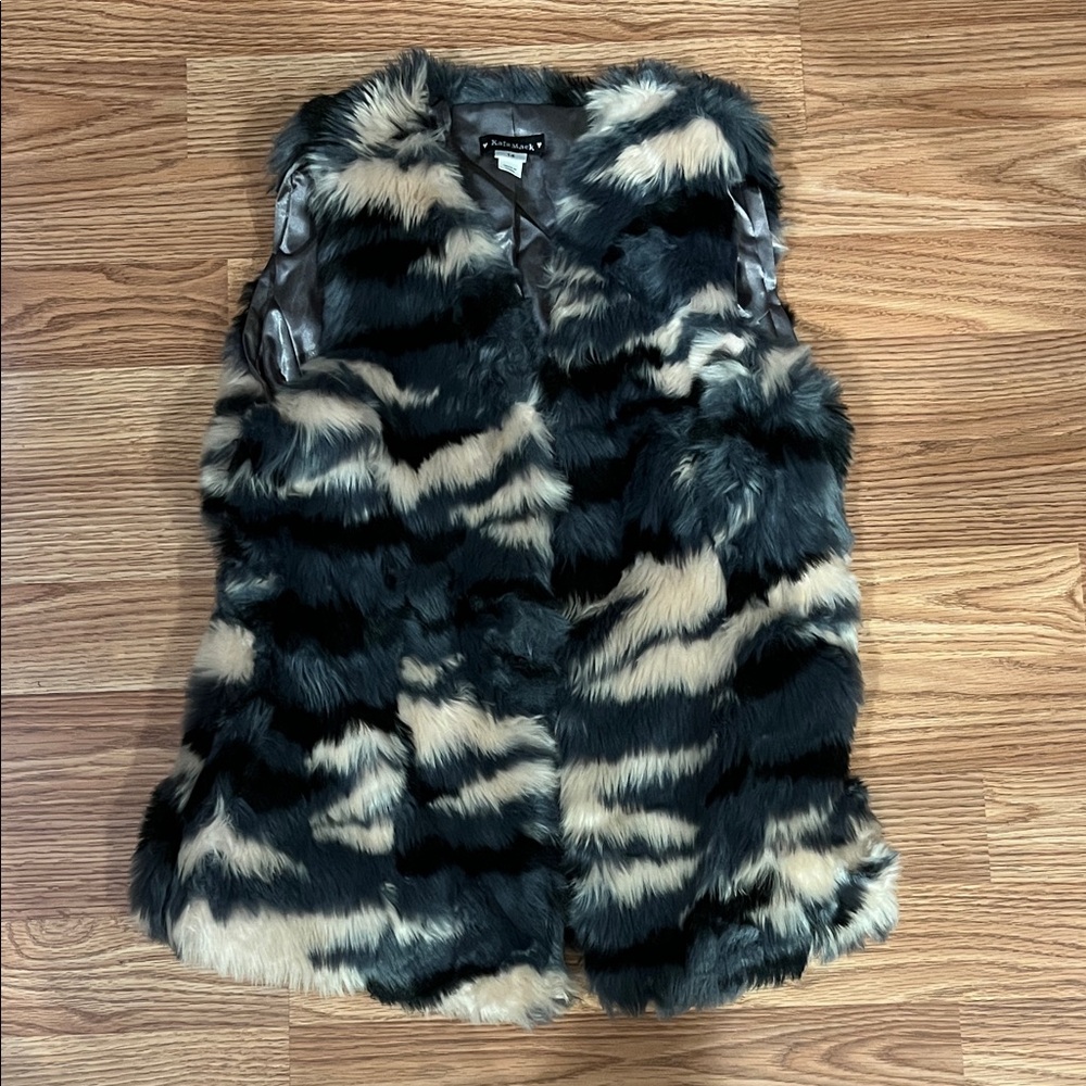 Kate Mack Black and Cream Faux Fur Vest